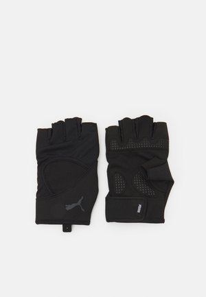 Guantes de fitness negros con diseño sin dedos, que presentan áreas de agarre texturizadas y soporte acolchado. Están fabricados con material transpirable y cuentan con un logo destacado.