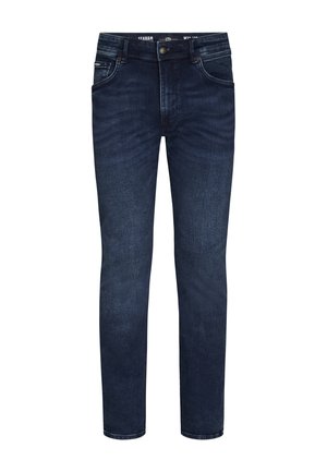 Jeans in denim blu scuro con vestibilità slim, caratterizzati da cinque tasche, hardware in ottone e dettagli di sfumature sottili sulle cosce.