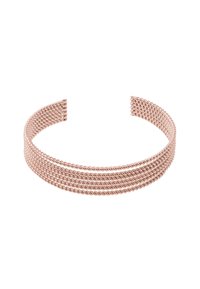 Bracciale in metallo rosa dorato con design intrecciato, caratterizzato da più fili intrecciati, bordi lisci e una forma flessibile.