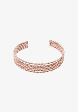 Armband aus rosévergoldetem Metall mit einem gedrehten Design, das mehrere verflochtene Stränge zeigt, glatten Kanten und einer flexiblen Form.