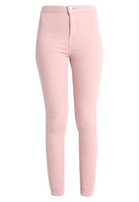 Vaqueros rosa ajustados hechos de denim elástico, con cintura alta, cierre frontal de botón y un diseño minimalista sin bolsillos visibles.