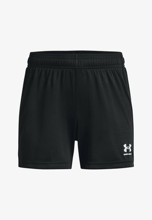 Pantalones cortos deportivos negros hechos de una tela ligera. Cuentan con una cinturilla elástica y un pequeño logotipo blanco de Under Armour en el lado derecho.