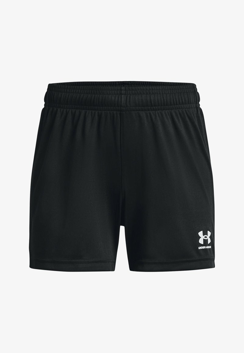 Pantalones cortos deportivos negros hechos de una tela ligera. Cuentan con una cinturilla elástica y un pequeño logotipo blanco de Under Armour en el lado derecho.