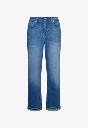 Blue denim jeans with a straight leg cut, rolled cuffs, front button, zipper, and five-pocket design.