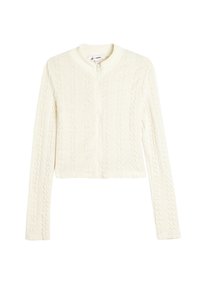 Kabelstrick, verkürzter Pullover in Off-White mit langen Ärmeln und runder Kragen, mit einem Frontreißverschluss und strukturiertem Muster.