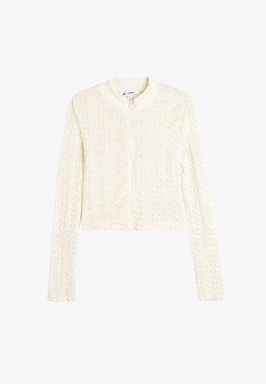 Kabelstrick, verkürzter Pullover in Off-White mit langen Ärmeln und runder Kragen, mit einem Frontreißverschluss und strukturiertem Muster.