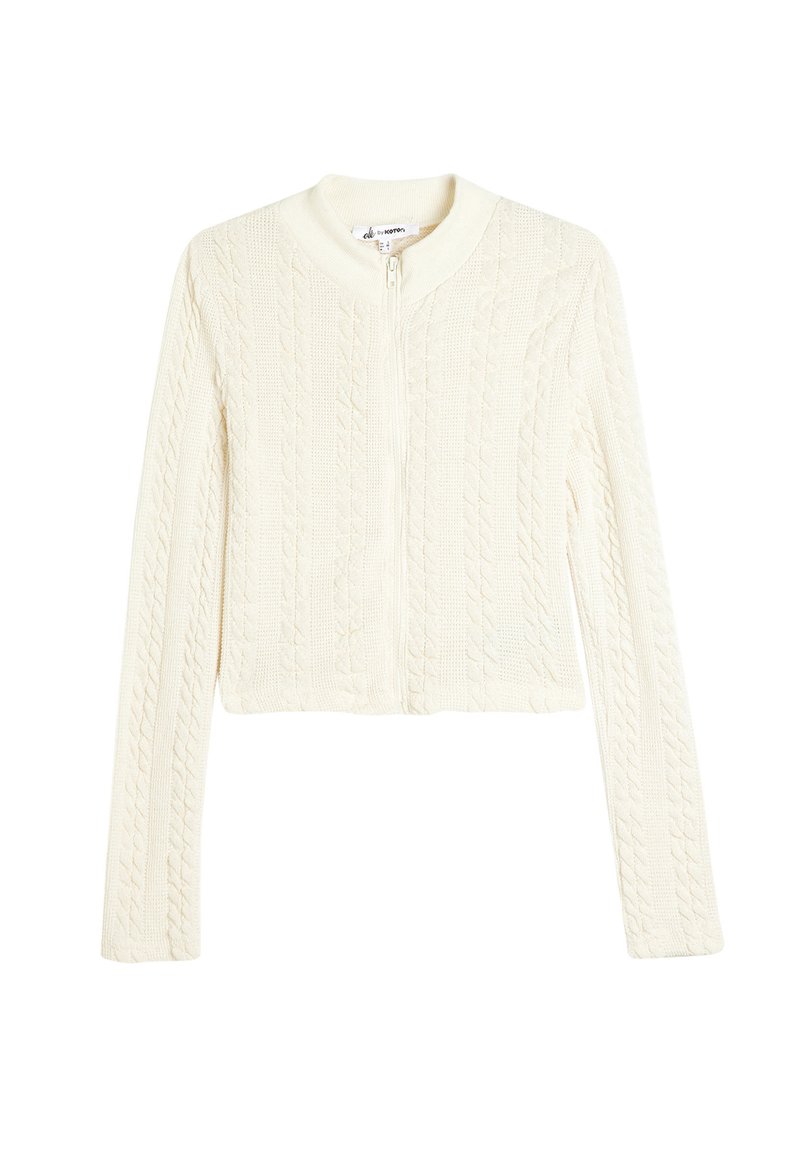Kabelstrick, verkürzter Pullover in Off-White mit langen Ärmeln und runder Kragen, mit einem Frontreißverschluss und strukturiertem Muster.