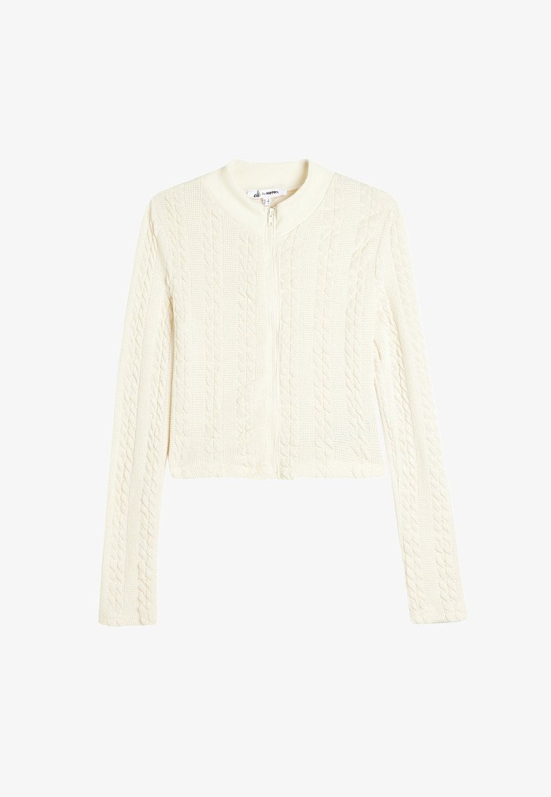 Sweter z dzianiny w warkocze, krótki w off-white, z długimi rękawami i okrągłym dekoltem, posiadający zamek błyskawiczny na przodzie i fakturowany wzór.