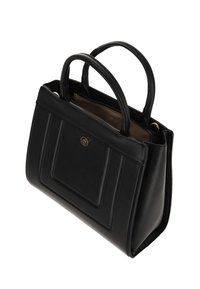Fekete bőrtáska strukturált kialakítással, dupla fogókkal, elülső zsebbel és cipzáros záródással. Belsejében barna bélés található.