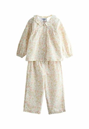 Set di pigiama floreale con maniche lunghe e bottoni, colletto arricciato e pantaloni con polsini elastici, caratterizzato da un delicato motivo rosa pastello e verde.