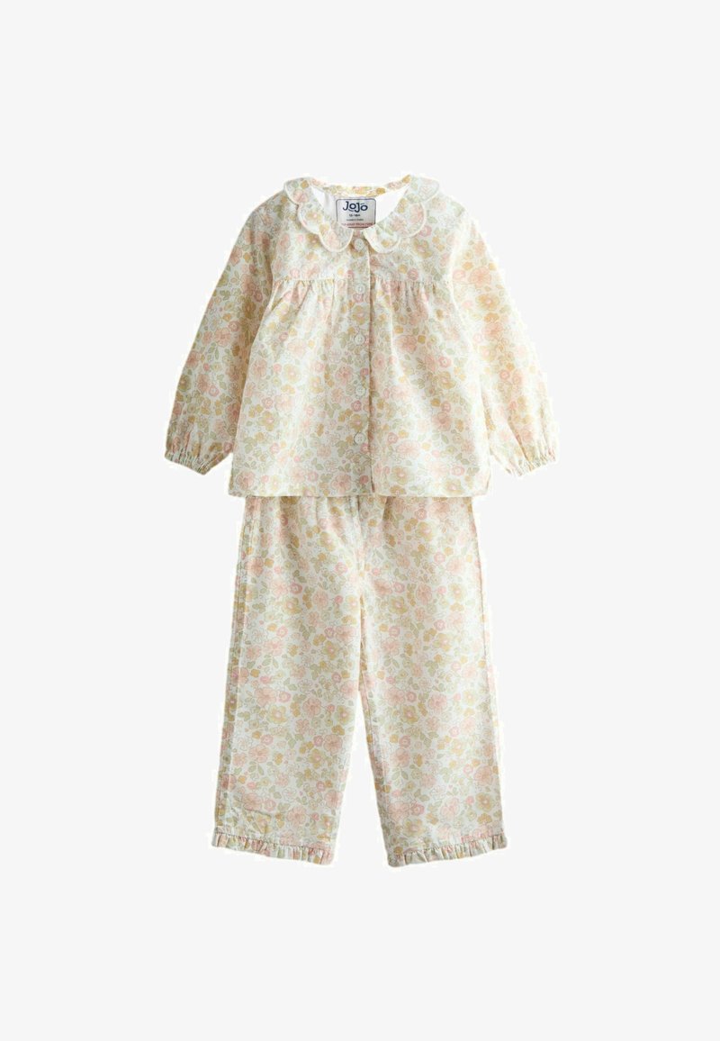 Ensemble de pyjama à manches longues avec boutons, motif floral, col à volants et pantalon avec poignets élastiques, présentant un motif doux aux tons pastel rose et vert.