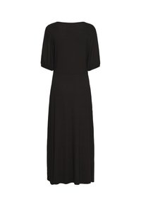 Rochie midi neagră, cu decolteu rotund, mâneci scurte puffate și un design al fustei fluid, realizată dintr-un material moale și elastic.