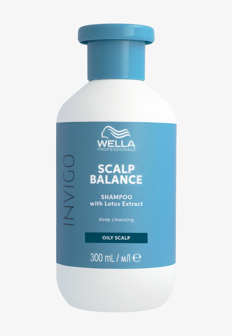 Bouteille de shampooing Wella Professionals Scalp Balance avec extrait de lotus pour cuir chevelu gras, 300 ml, emballage bleu et blanc.