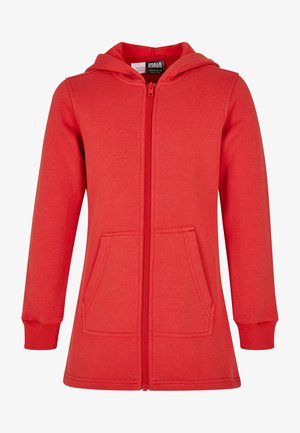 Rdeča zip-up jopica iz mehkega materiala, ki ima kapuco, dve sprednji žepki in rebraste manšete na koncih rokavov.