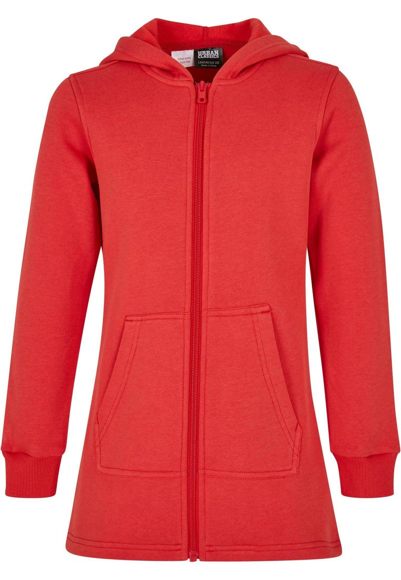 Röd zip-up hoodie i mjukt tyg, med huva, två framfickor och ribbade muddarna vid ärmarnas slut.