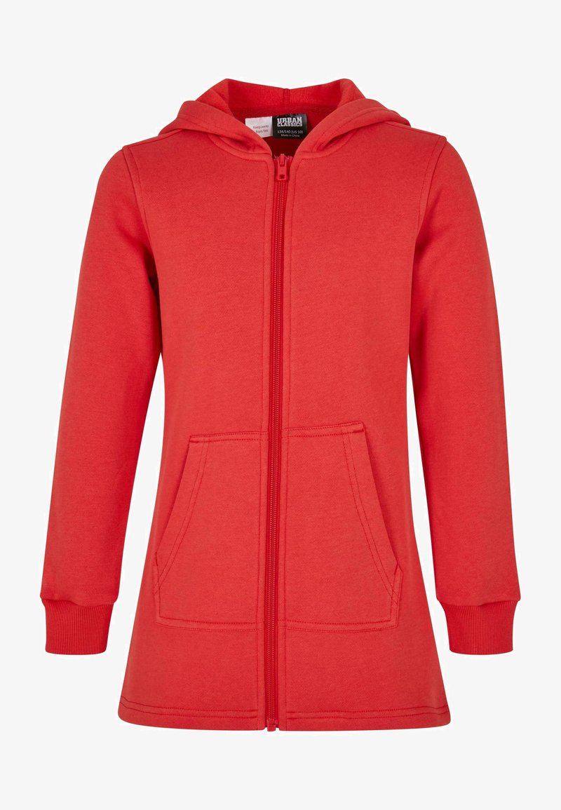 Raudona zip-up gobtuvė, pagaminta iš minkštos medžiagos, su gobtuvu, dviem priekinėmis kišenėmis ir ryaščiais rankovių galuose.