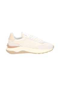 Sneaker in einer cremen- und beige Farbpalette, mit einem Obermaterial aus Wildleder, Schnürung und einer dicken Gummisohle mit abgerundetem Absatz.