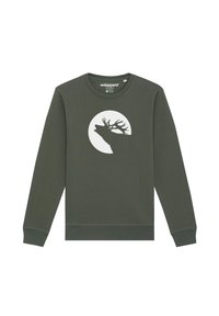 Olijfgroene sweatshirt met een ronde hals, lange mouwen en de silhoutte van een eland tegen een witte ronde achtergrond op de voorkant.