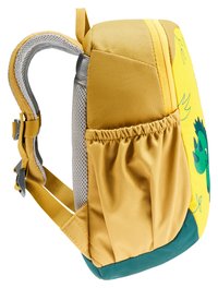 Sac à dos jaune et vert avec un corps texturé, des bretelles en mesh, une poche latérale élastique et un personnage de dessin animé sur un côté.