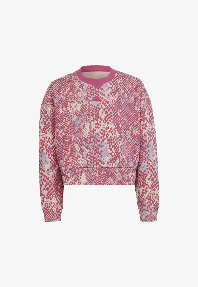Zkrácená mikina s růžovým a krémovým abstraktním vzorem, má dlouhé rukávy a kulatý výstřih. Měkká tkanina s texturovaným vzhledem.