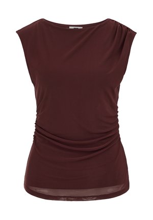 Varrukateta tumedat pruun naiste pluus paadi-kaelusega ja kogutud kangasdetailiga paremal õlal ja vööl.