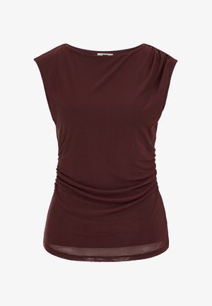 Ženska tamnosmeđa bluza bez rukava s izrezom u obliku brodske linije i naboranim detaljem tkanine na desnom ramenu i struku.