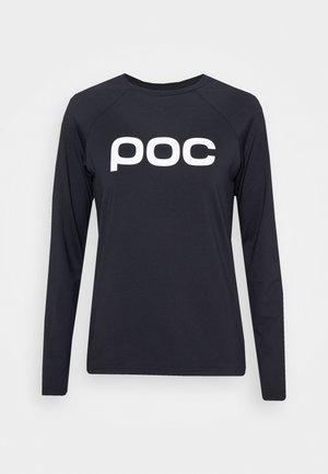 Svart langermet skjorte laget av glatt stoff med rund hals og hvit "poc"-logo over forsiden.