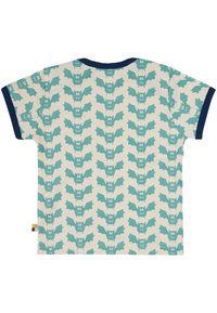 Kurzarmshirt in Creme mit einem Allover-Muster aus türkisfarbenen Cartoon-Fledermäusen, einem navyfarbenen Rippkragen und kontrastierenden Saumdetails.