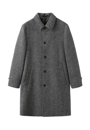 Sivina herringbone plašč, izdelan iz debele premešane volnene tkanine, s ovratnikom, gumbom za zapiranje, dvema stranskima žepoma in dolgimi rokavi.