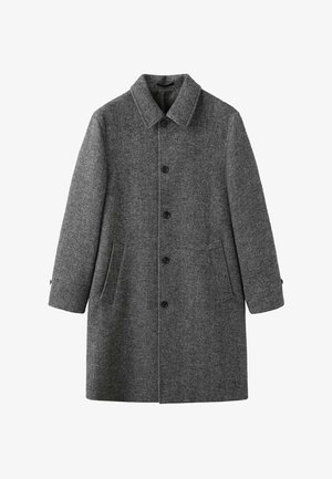 Sivina herringbone plašč, izdelan iz debele premešane volnene tkanine, s ovratnikom, gumbom za zapiranje, dvema stranskima žepoma in dolgimi rokavi.