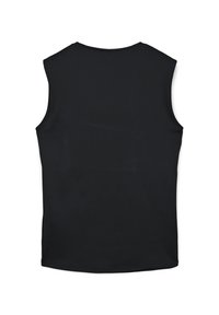 Top nero senza maniche con una texture liscia, scollatura rotonda e un design semplice. Nessun motivo visibile o dettagli in metallo.