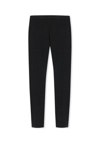 Czarne legginsy wykonane z gładkiej, elastycznej tkaniny, o dopasowanym kroju i elastycznym pasie zapewniającym wygodę i łatwość noszenia.