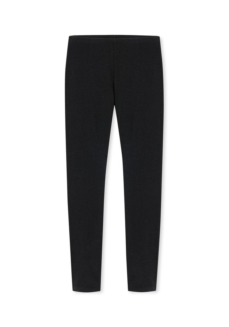 Czarne legginsy wykonane z gładkiej, elastycznej tkaniny, o dopasowanym kroju i elastycznym pasie zapewniającym wygodę i łatwość noszenia.