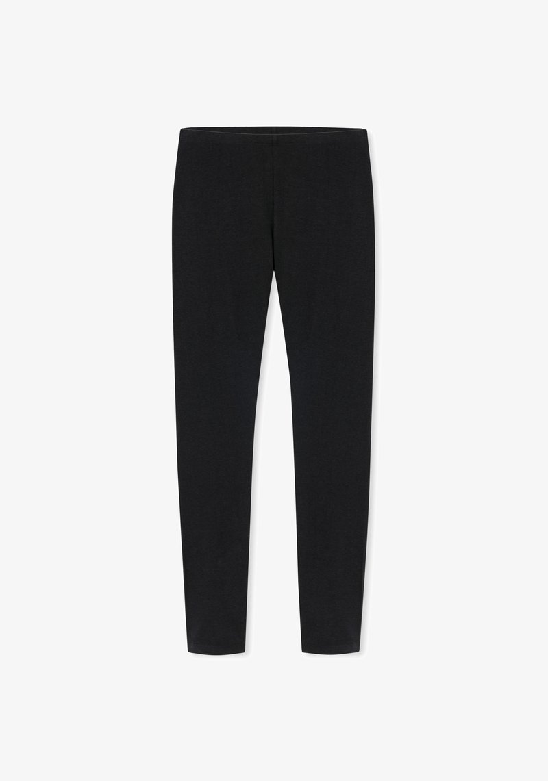 Czarne legginsy wykonane z gładkiej, elastycznej tkaniny, o dopasowanym kroju i elastycznym pasie zapewniającym wygodę i łatwość noszenia.