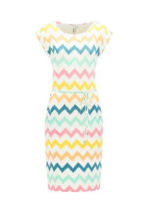 Kortermet kjole til knelangde med flerfarget pastell-zigzag-mønster og snøring i midjen på hvit bakgrunn.