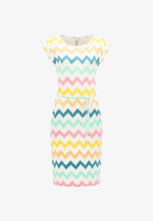 Abito a maniche corte, lunghezza al ginocchio, con motivo a zigzag pastello multicolore e cintura con coulisse in vita su sfondo bianco.