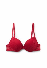 Red lace bra with padded cups, featuring adjustable straps and a mesh side band. Floral design on the cups and soft texture throughout.