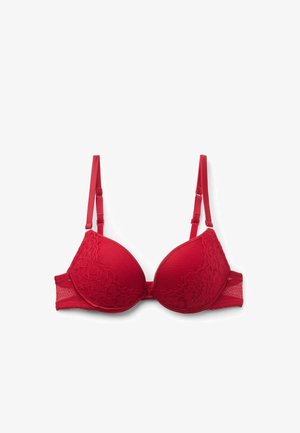 Roter Spitzen-BH mit gepolsterten Cups, verstellbaren Trägern und einem Mesh-Seitenband. Blumendesign auf den Cups und weiche Textur im gesamten BH.