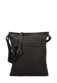 Borsa a spalla in pelle nera con tracolla regolabile, tasca frontale piatta e texture liscia. Forma semplice e quadrata con design minimalista.