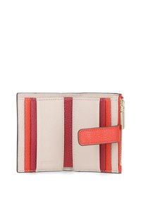 Portafoglio in pelle con un esterno beige decorato con accenti rossi, arancioni e rosa intenso, chiusura con zip e una tracolla ad anello. Finitura testurizzata.