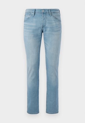 Jeans drepti de culoare bleu deschis, realizati din denim. Caracteristici: cinci buzunare, inchidere cu nasture si fermoar, si o usoara decolorare pe intreaga suprafata.