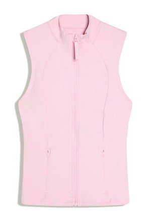 Bezrukávová svetloružová vesta na zips s vysokým golierom a dvoma prednými vreckami na zips.