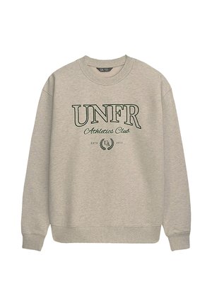 Grauer Sweatshirt mit geripptem Rundhalsausschnitt und langen Ärmeln. Mit dem Aufdruck "UNFR Athletics Club" in Grün, darunter ein Lorbeerkranz und das Datumsdetail.