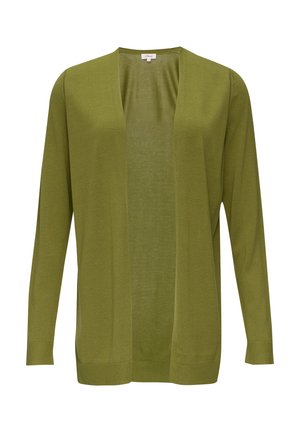 Olivgrüner Cardigan mit langen Ärmeln, offenem Vorderteil, gerippten Bündchen und Saum, aus leichtem Strickmaterial, mit weicher und glatter Textur.