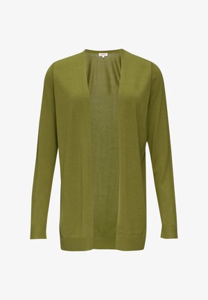 Olivgrüner Cardigan mit langen Ärmeln, offenem Vorderteil, gerippten Bündchen und Saum, aus leichtem Strickmaterial, mit weicher und glatter Textur.