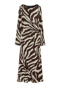 Long-sleeve dress made of soft fabric featuring a brown and cream zebra stripe pattern, with a rounded neckline and a flowing silhouette.