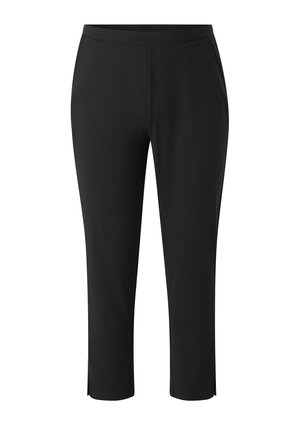 Black slim-fit ankle-length trousers with a smooth waistband and small side slits at the hem.