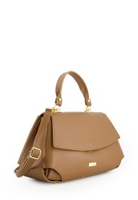 Brown textured leather handbag with gold hardware, a flat top flap, dual handles, and an adjustable shoulder strap.