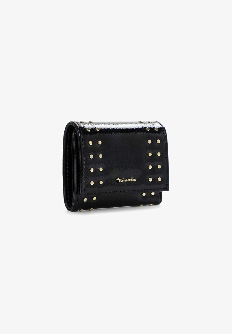Black patent leather wallet with gold stud accents, rectangular shape, and a fold-over design; features a logo on the front.