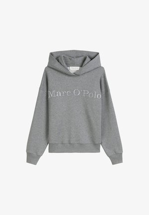 Grijze hoodie met een relaxed fit. Voorzien van ribgebreide manchetten, een gevoerde capuchon en de merknaam "Marc O'Polo" in lichtblauw geborduurd.